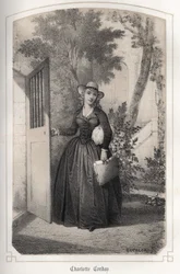 Retrato de Charlotte Corday (1768 - 1793). em "Les femmes illustres de la France" pela Condessa DROHOJOWSKA. ILUSTRAÇÕES DE DROGAS DE MM JULES E BAYALOS. por volta de 1850.
