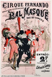 Arte. Entretenimento. O Baile de Máscaras do circo Fernando, Paris. Cartaz de Jules Cheret, França, c.1870-80 (cartaz)
