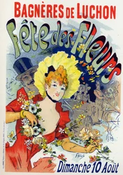 Arte. Entretenimento. Festival das flores em Bagneres de Luchon. Cartaz de Jules Cheret, França, c.1895 (cartaz)