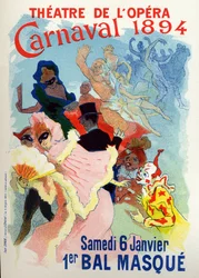 Arte. Entretenimento. Baile de máscaras na Ópera de Paris para o carnaval. Cartaz de Jules Cheret, França