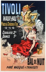 Arte. Entretenimento. Baile de máscaras no Tivoli Waux Hall, Paris. Cartaz de Jules Cheret, França, c.1870 (cartaz)