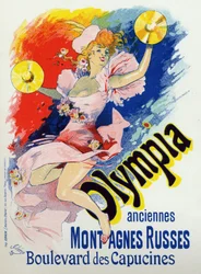 Arte. Entretenimento. Olympia, sala de música em Paris. Cartaz de Jules Cheret, França.