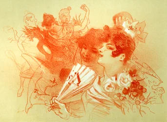 No baile - desenho (sangue) de Jules Cheret (1836 - 1932) - mulheres jovens e bailarinas - dança - coleção particular -