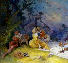 Pequeno almoço na relva Cena de um piquenique no campo. Detalhe. Pintura de Jules Cheret (1836-1932) Século XX Nice, Musee Cheret
