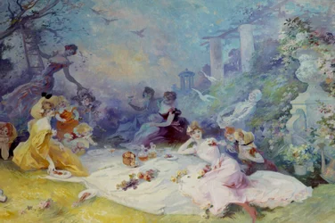 Pequeno almoço na relva Cena de um piquenique no campo. Pintura de Jules Cheret (1836-1932) Século XX Nice, Musee Cheret