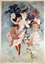 Cartaz de Carnaval de Jules Cheret: mulher com máscara, B.N. Paris. Século XIX.