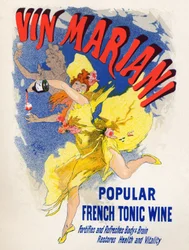 Alimentos e Bebidas. Mariani Vinho Tônico Francês (primeiro cocawine). Cartaz de Jules Cheret (1836-1932), França