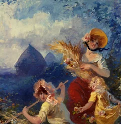 La Terre Allegorie representando jovens mulheres segurando botas de trigo contra um pano de fundo de colheita. Detalhe. Caixa para tapeçaria de Jules Cheret (1836-1932) Século XX Nice, Musee Cheret
