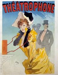 Poster para o Theatrophone: um jovem elegante escuta uma peça de teatro para os ouvintes. Ilustração de Jules Cheret (1836-1932) Paris do século XIX, Artes Decorativas