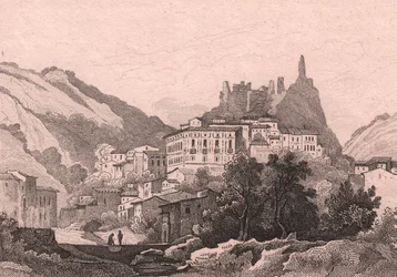 Vista de Nicastro, Calábria, Itália, gravura em aço de Dunaime após desenho de Jules Coignet (1798-1860), ca. 13x10 cm