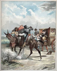 Dom Quixote atacando seu inimigo - Dom Quixote, sur son cheval se precipite sur son enemy - Ilustração de Jules David (1808-1892) do Histoire de Dom Quixote (Dom Quixote) - 1887 - por Miguel de Cervantes Saavedra (1547-1616) -