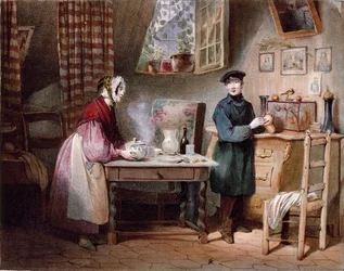 Economia. Jovem casal numa casa: a mulher põe um golo na mesa e o homem põe uma moeda num mealheiro. Gravura a cores de Jules David (século XIX) Paris, Musee Carnavalet