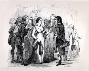 Madame de Stael (1766-1817) questionando Napoleão Bonaparte (1769-1821) sobre as melhores mulheres, de "Napoleão" de Emile Marco de Saint-Hilaire, gravado por Bernard, Paris, 1843