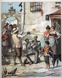 Fora de uma pousada, Dom Quixote torna-se cavaleiro - Ilustração de Jules David (1808-1892) do Histoire de Dom Quixote (Dom Quixote) - 1887 - por Miguel de Cervantes Saavedra (1547-1616) -