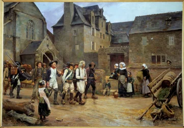 Revolução Francesa: “” Les revolts de Fouesnant”” Representação do caso Nedelec, ligado à instalação do novo regime judicial, o Juiz de Paz Alain Nedelec recusa-se a sentar-se sem uma patente assinada pela mão do rei. Os problemas terminaram com