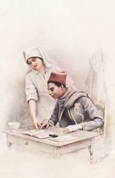 Lição de leitura. Postal de «A Guerra das Nações» que representa uma enfermeira da Cruz Vermelha a ensinar um sapateiro senegalês a ler