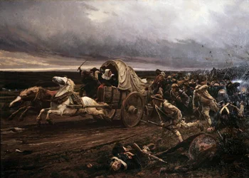 O desvio da Insurreição Cholet armada na Vendéia em março de 1793, repreendida em outubro pela Convenção e pelos exércitos republicanos, os “brancos” recuaram para o Loire. Pintura de Jules Girardet (1856-1938)