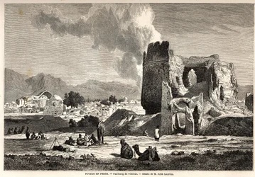 Os subúrbios de Teerão (atual Irã). Desenho de Jules Laurens (1825-1901), para ilustrar a viagem de Arthur Gobineau à Pérsia de 1855 a 1858. Gravura em "Le tour du monde, nouveau journal des voyages" Paris
