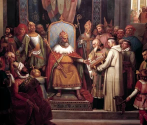Carlos Magno cercado por seus chefes, recebeu Alcuin, que apresentou os manuscritos, uma obra de seus monges em 781. Detalhe da pintura de Jules Laure (1806-1861). 1837. Sol 0,67x1,07m Versalhes, chateaux de Versalhes e de Trianon - Charlemagne su