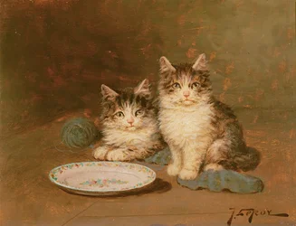 Dois gatinhos com uma tigela vazia (óleo sobre painel)