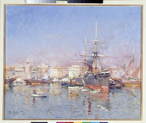 Goelette ancorado no Antigo Porto de Marselha Pintura de Jules Marcel Lenoir (1872-1931) Século XX Menção obrigatória: Colectânea de obras de fundação da Provença, Marselha