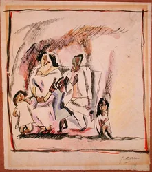 Mãe, Pai e Três Filhos (aguarela sobre papel)