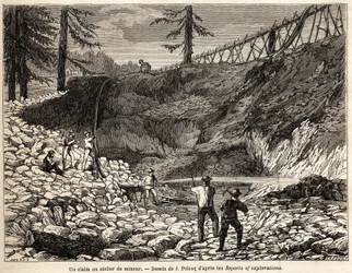 Uma reivindicação mineira ou oficina na Califórnia, desenho de Jules Pelcoq, para ilustrar a história da viagem do Barão de Wogan à Califórnia em 1850-1852. Gravação em "Le tour du monde, nouveau journal des voyages" Paris