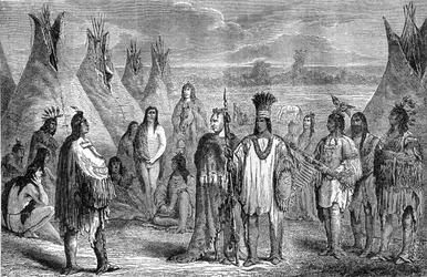 Grupo de índios de Delawares no seu acampamento Tipi. Gravura atribuída a Janet Lange, cerca de 1870. Ilustração da edição Hachette de 1888 do livro "The Last of the Mohicans", depois de Fenimore Cooper.
