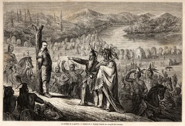 O pólo de guerra, o Barão de Wogan capturado pelos índios da tribo Timpabaches, está localizado nas margens do San Juan, braço do rio Grande, desenho de Jules Pelcoq, para ilustrar a história da viagem do Barão de Wogan à Califórnia em 1850-185.