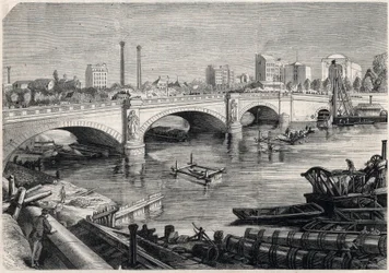Transformações de Paris sob o Segundo Império, Haussmann Paris: obras realizadas em frente à ponte da Alma em Paris para a passagem do esgoto coletor no fundo do Sena. Desenho de Jules Pelcoq. Gravura em "" A União Ilustrada