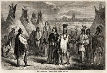 Tipos de índios Crees do Canadá, desenhados por Pelcoq, para ilustrar a exploração das Montanhas Rochosas em 1857-59 pelo Capitão John Palliser. Gravura em "Le tour du monde, nouveau journal des voyages" Paris