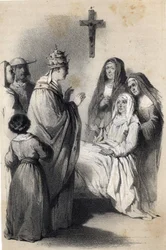Representação de Santa Claire (Chiara) de Assis (c.1192-1253), fundadora da ordem religiosa das Clarissas em "The illustrious Women of Europe". Pela Condessa Drohojowska, nee Symon de Latreiche. Desenhos ilustrados por Jules David e Raunheim. cerca de 1850