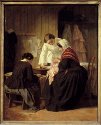 Três mulheres a costurar. Pintura por Jules Trayer (1824 - 1909)