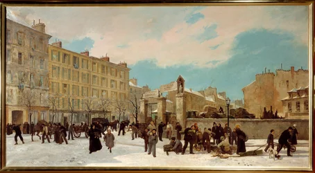 Canteiro de obras de madeira no boulevard du Montparnasse em janeiro de 1871 - Cena de rua em Paris - Pintura de Jules Didier (1831-1892) e Jacques Guiaud (1811-1876)