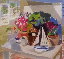 Flores, vasos e iates na Loggia (óleo a bordo)