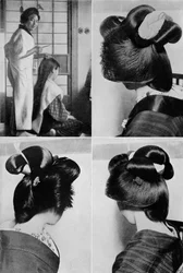 Demora duas horas para um penteado de gueixa, o penteado, dura vários dias, c1900, 1921.