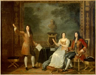 Jean Racine (1639-1699) lendo “” Athalie”” diante de Luís XIV (1638-1715) e Françoise d