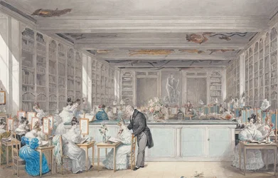 Escola de Desenho Botânico de Pierre-Joseph Redouté na Sala de Buffon no Jardim das Plantas, 1830 (wc e grafite sobre papel)