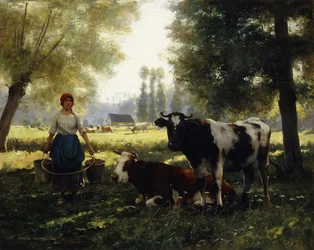 Uma leiteira com suas vacas em um dia de verão