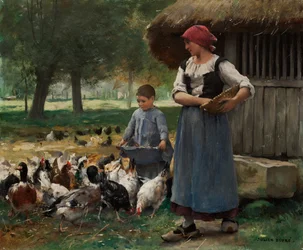 Farm Girl Feeding Chickens (óleo sobre tela)