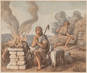 As oferendas de Caim e Abel, Génesis, IV, 3, 4 (gravura a cores)