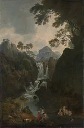 Uma cascata com banhistas