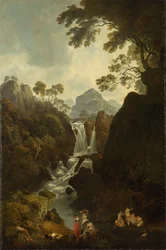 Uma cascata com banhistas