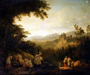 Uma Paisagem arborizada com lavadeiras junto a uma fonte