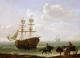 Um tijolo apanhado na costa, descarregado em carroças. Óleo sobre tela, cerca de 1790, de Julius Caesar Ibbetson (1759-1817).