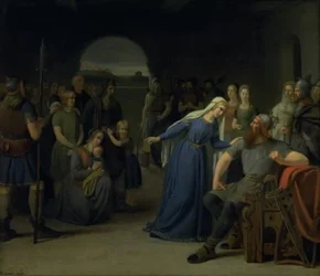 A rainha dinamarquesa Thyra Danebod tentando amolecer o coração de seu marido, Gorm, o Velho, para alguns cristãos cativos
