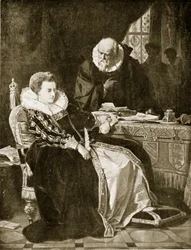 Elizabeth assina a sentença de morte de Mary, ilustração de &39;Hutchinson&39;s Story ofthe British Nation&39;, c.1923