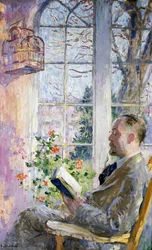 "Na varanda" Um homem a ler um livro, uma gaiola com um pássaro pendurado. Pintura de Julius Gari Melchers (1860-1932)