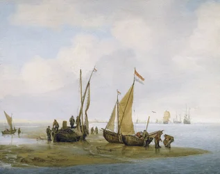 Pesca de mexilhões, três barcos de pesca holandeses na costa, um dos quais com a vela levantada, e grupos de pescadores ocupados a manter e descarregar barcos, mais abaixo na praia, dois outros carregam cestos cheios de mexilhões