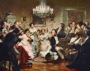 Franz Schubert (1797-1828) ao piano durante uma noite Schubert num salão vienense - gravura segundo Julius Schmid (1854-1935)